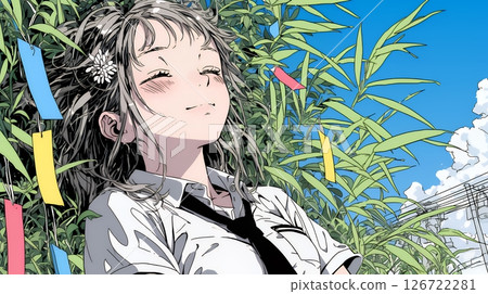 七夕裝飾和穿制服的女學生 七夕裝飾和穿制服的女學生 126722281