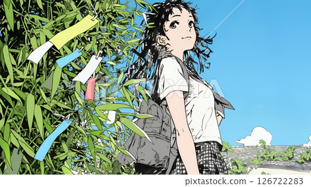 七夕裝飾和穿制服的女學生 七夕裝飾和穿制服的女學生 126722283
