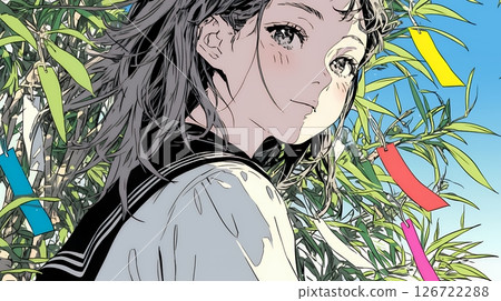 七夕裝飾和穿制服的女學生 七夕裝飾和穿制服的女學生 126722288