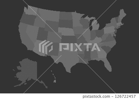 This pixel map outlines the geographical boundaries of the United States, clearly identifying individual states in a grayscale format for easy visualization and reference. This pixel map outlines the geographical boundaries of the United States, clearly identifying individual states in a grayscale format for easy visualization and reference. 126722457