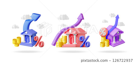 Three colorful 3d bank or finance buildings 126722937