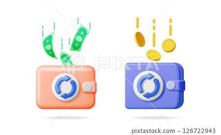 3d wallet icons with money flowing in and out 3d wallet icons with money flowing in and out 126722943