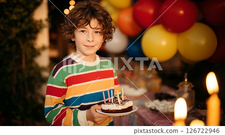 Young boy joyfully celebrates birthday outdoors with colorful cake and balloons in a festive atmosphere 126722946