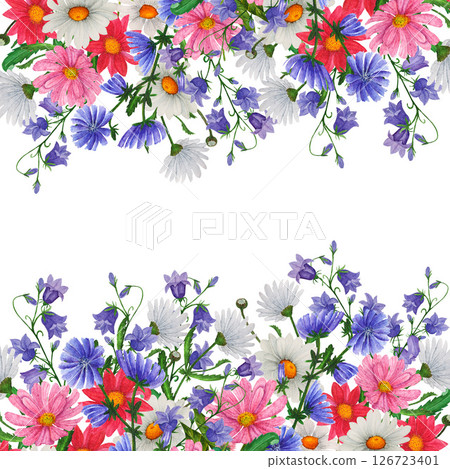 Watercolor border of hand painted colorful wildflowers and botanical greenery. Design for invitation, cards, textile and wallpaper 126723401