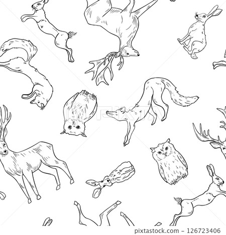 Christmas seamless pattern of winter forest animals owl, deer, hare and fox hand drawn black white line art illustration. Repeated monochrome background for textiles, New Year packaging, stationery. 126723406
