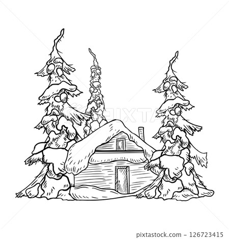 Forest cabin with pine trees on snowy forest edge hand drawn black white contour vector illustration. Cozy winter landscape monochrome for rustic branding, festive scenes and woodland Christmas cards. 126723415