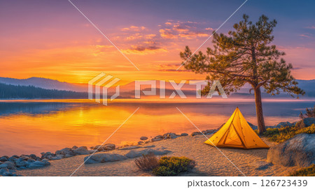 Beautiful sunset reflected on the lake and tent 126723439