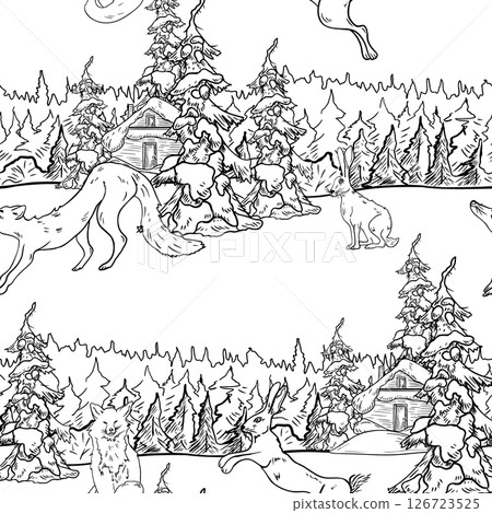 Fox and hare near snowy fir trees and forest hut seamless pattern hand drawn black white contour vector illustration. Monochrome woodland winter scene for rustic holiday prints and Christmas designs. 126723525