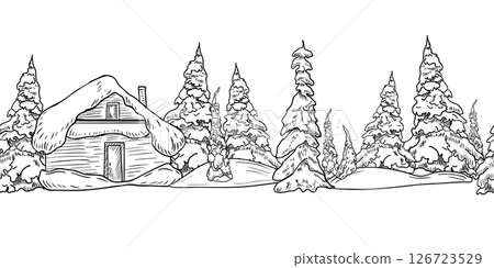 Seamless winter border with snowy pine trees and a forest cabin, hand drawn black white outline vector. Rustic landscape with firs, spruces, and wooden house in snow for cozy Christmas designs. 126723529