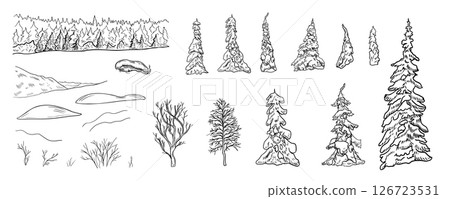 Winter landscape elements snowy pines, bare trees hand drawn black and white outline vector illustration. Woodland trees clipart of fir, spruce in monochrome sketch for Christmas seasonal designs. Winter landscape elements snowy pines, bare trees hand drawn black and white outline vector illustration. Woodland trees clipart of fir, spruce in monochrome sketch for Christmas seasonal designs. 126723531
