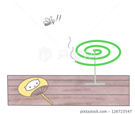A summer scene with mosquito coils, a fan and a mosquito 126723547