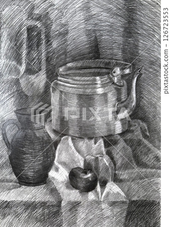Still life, pencil drawing illustration. Household still life made in pencil in the academic style. Still life, pencil drawing illustration. Household still life made in pencil in the academic style. 126723553