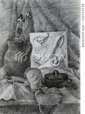 Still life, pencil drawing illustration. Household still life made in pencil in the academic style. 126723556