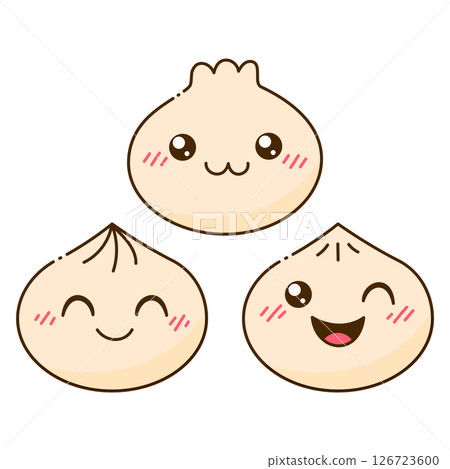 Cute Happy Dim Sum Set. Smiling Cartoon Bao Character. Traditional Chinese Dumplings with Funny Faces Cute Happy Dim Sum Set. Smiling Cartoon Bao Character. Traditional Chinese Dumplings with Funny Faces 126723600