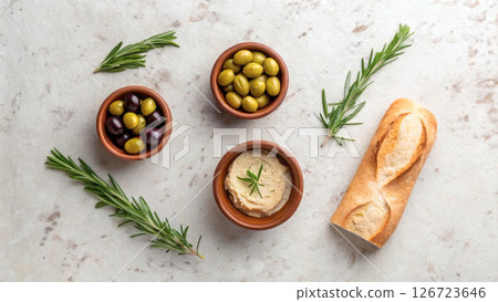 Mediterranean appetizer with olives, hummus, and bread on stone background. 126723646