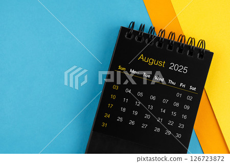 Black calendar for August 2025 with multi color background. Black calendar for August 2025 with multi color background. 126723872