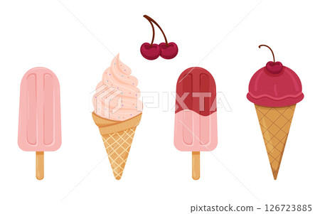 Bright collection of ice cream cones and popsicles with cherries. Bright collection of ice cream cones and popsicles with cherries. 126723885