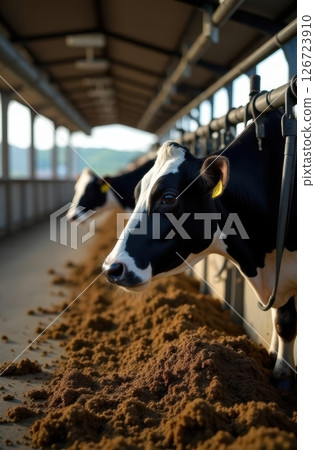 Cows feeding in modern barn: sustainable agriculture practices 126723910