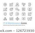 A set of icons representing maintenance and repair of servers, boards, PCs, smartphones, the Internet, etc. 126723930