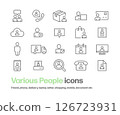 A set of various people icons. Simple line silhouette icons of friends, conversation, business, delivery, documents, etc. 126723931