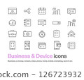 Business and device icon set. Simple icons of electronic money, credit card, analysis, search, etc. 126723932