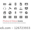 Icon set of camera, photo, video, microphone, music, media, headphones, etc. 126723933