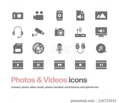 相機、照片、影片、麥克風、音樂、媒體、耳機等圖示集。 相機、照片、影片、麥克風、音樂、媒體、耳機等圖示集。 126723933