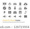Silhouette icons of monitor, microphone, camera, smartphone, volume, memory card, photo, video, musical note, etc. 126723934