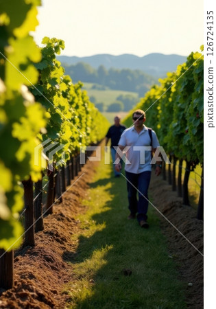 Winemakers walking through lush vineyard on sunny day Winemakers walking through lush vineyard on sunny day 126724135