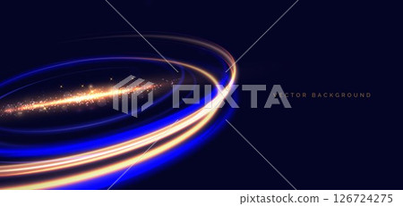 Golden and blue motion rings light effect with lighting effect sparkle on drak background. Golden and blue motion rings light effect with lighting effect sparkle on drak background. 126724275
