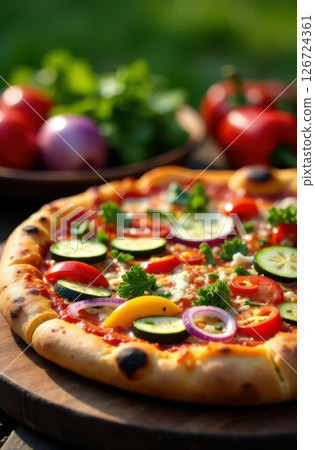 Delicious vegetarian pizza with fresh vegetables on wooden table outdoors 126724361