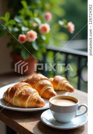 Delicious croissants and coffee enjoying a sunny day on the balcony 126724362
