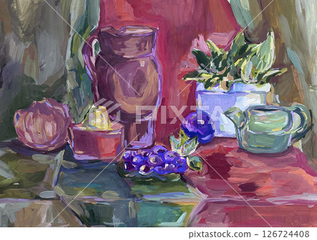 Still life with fruit, a pitcher and some drapery. Traditional painting on paper Still life with fruit, a pitcher and some drapery. Traditional painting on paper 126724408
