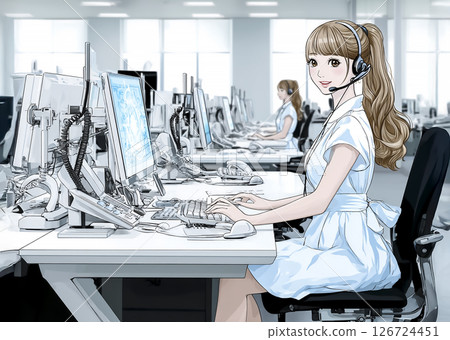Illustration material of a young woman working in a call center 126724451