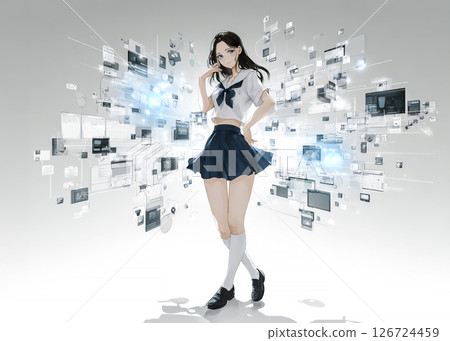 Future education - Illustration of a high school girl manipulating a hologram 126724459