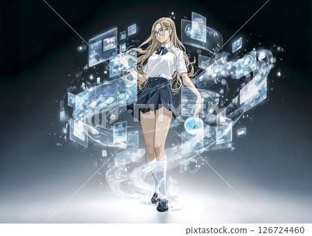 Future education - Illustration of a high school girl manipulating a hologram 126724460