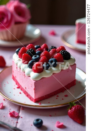 Pink raspberry cake decorated with fresh berries and whipped cream 126724477