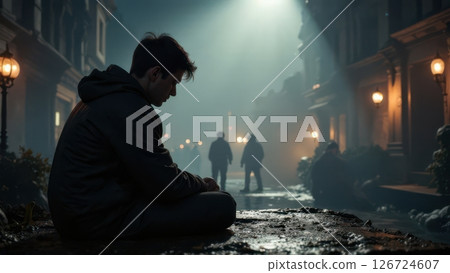 Man sitting on a curb at night in the rain looking at a group of people walking away from him. Man sitting on a curb at night in the rain looking at a group of people walking away from him. 126724607