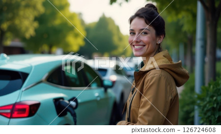 Urban woman with brown hair and brown jacket standing next to a modern electric car. Urban woman with brown hair and brown jacket standing next to a modern electric car. 126724608