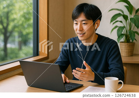 一名男子坐在咖啡館的靠窗座位上，用筆記型電腦參加線上會議。 126724638