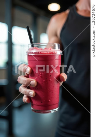 Bodybuilder holding red protein shake in gym after workout 126724676