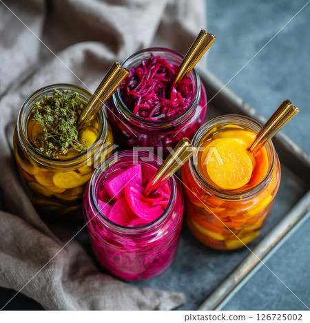 Vibrant pickled vegetables in jars with golden spoons and spices on grey tray 126725002