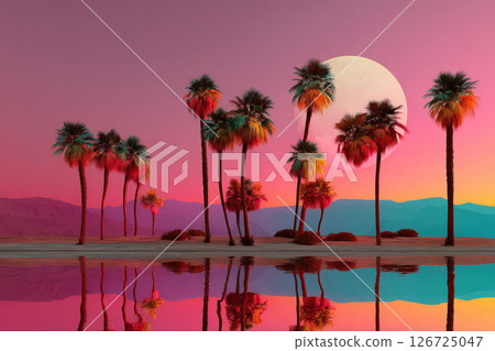 Surreal pink and purple desert sunset scene with palm tree silhouettes, moon and mirrored reflections in calm water 126725047