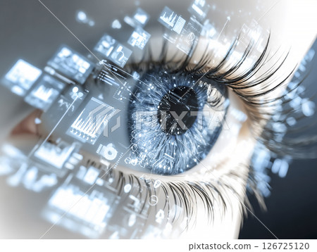 一名女子注視全像顯示螢幕的眼睛的插圖素材 一名女子注視全像顯示螢幕的眼睛的插圖素材 126725120