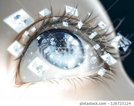 Illustration material of a woman's eyes looking at a holographic display screen Illustration material of a woman's eyes looking at a holographic display screen 126725124