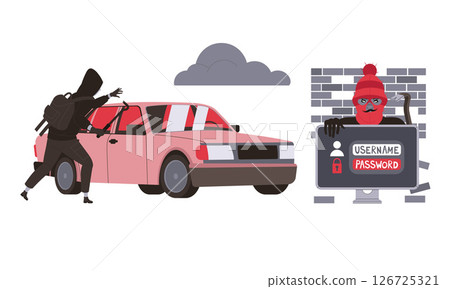 An intense urban heist scene showcasing a robber and his getaway car during a thrilling escape An intense urban heist scene showcasing a robber and his getaway car during a thrilling escape 126725321