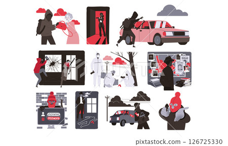 Crime Scene Illustrations Featuring a Bold and Vibrant Color Palette for Visual Impact Crime Scene Illustrations Featuring a Bold and Vibrant Color Palette for Visual Impact 126725330