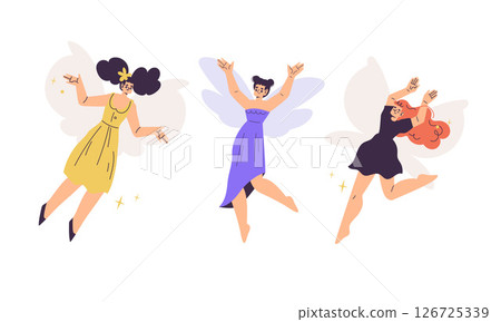 Whimsical Fairies Playfully Dancing in Beautiful, Colorful Dresses that Inspire Joy 126725339