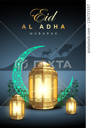 Islamic graphic design illustration for Mubarak, ramadan, eid, Al Adha, hajj, arafah, hariraya, Mawlid al-Nabi, ai-fitr, adulfitri and Hijri new yeaar. Literally with muslim illuminated lamp. 126725357