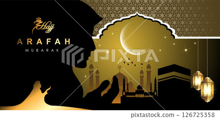 Islamic graphic design illustration for Mubarak, ramadan, eid, Al Adha, hajj, arafah, hariraya, Mawlid al-Nabi, ai-fitr, adulfitri and Hijri new yeaar. Literally with muslim illuminated lamp. 126725358